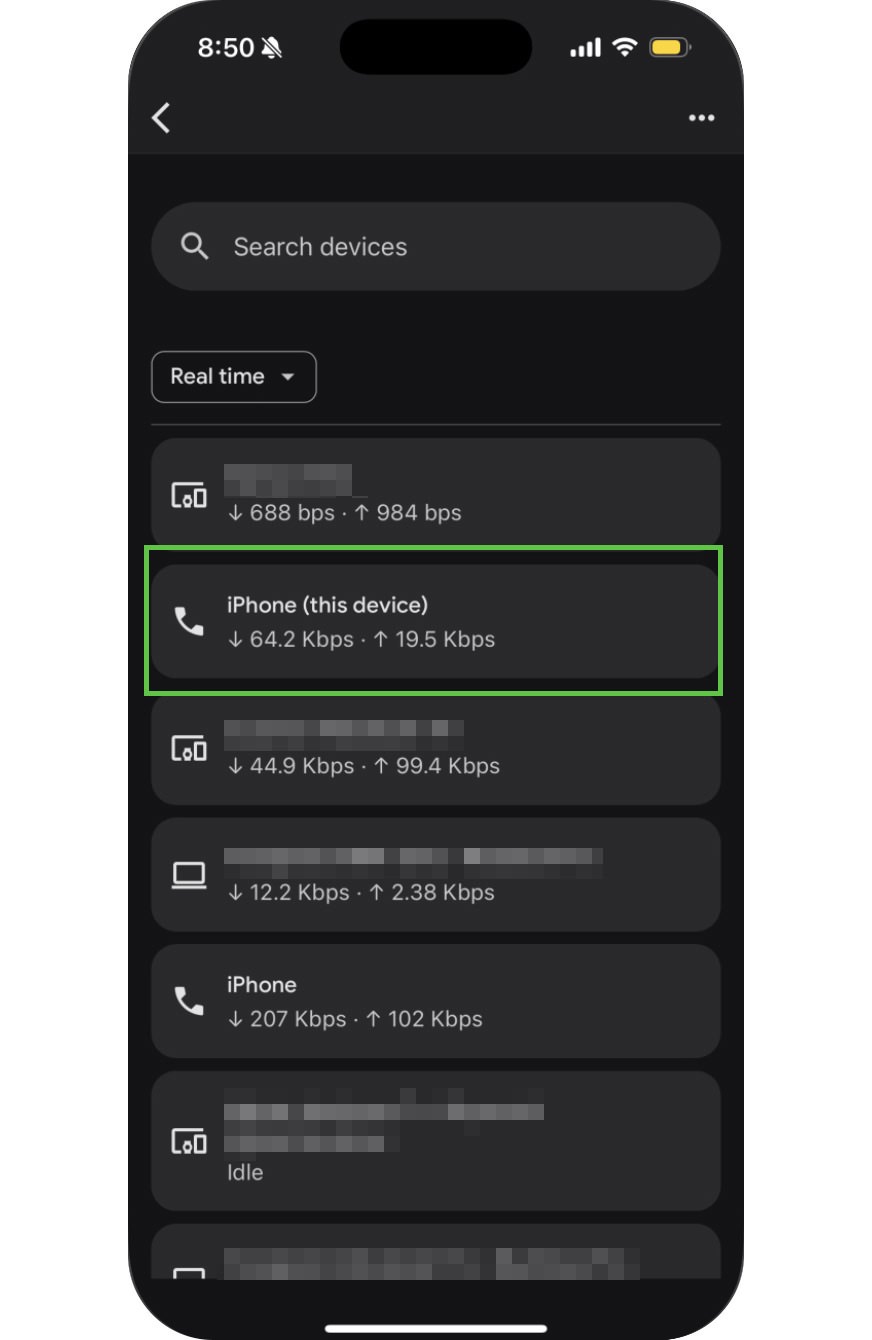 Check network activity on connected devices for uploads or downloads