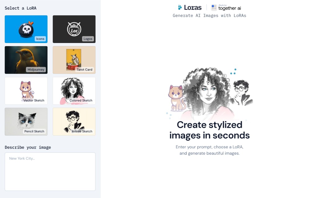 Loras AI image generator interface with LoRA adaptation options