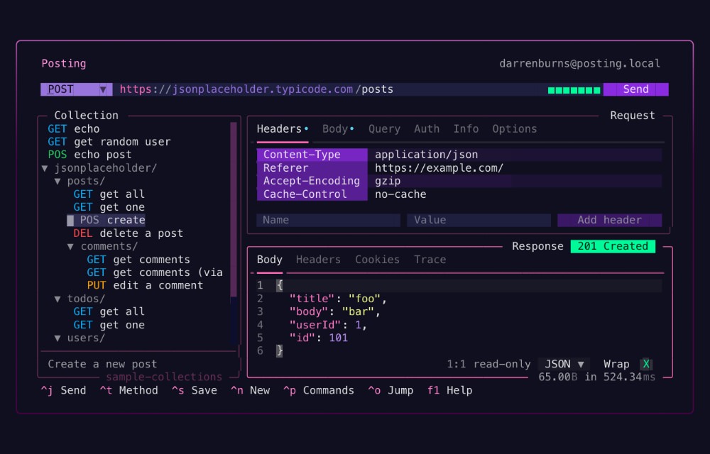 Posting command-line tool for testing HTTP requests and APIs